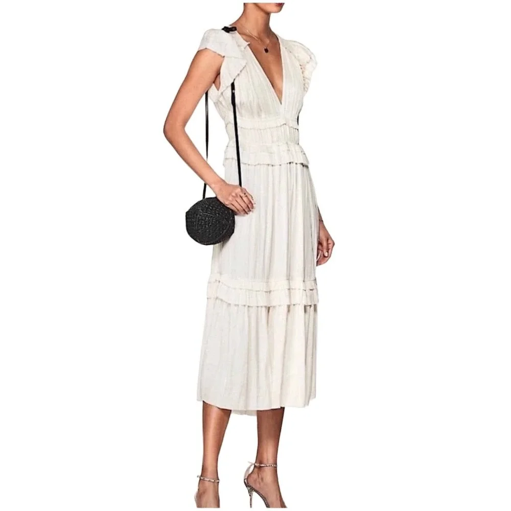 Ulla Johnson Jolee Plisse Satin Midi Dress in Ivory Size 6 Pleated Cream Gown - Picture 3 of 11